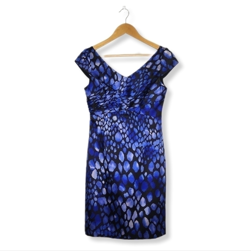 Kay Unger Vintage Silk Blue Black Animal Print Sheath Dress Cocktail Size 2